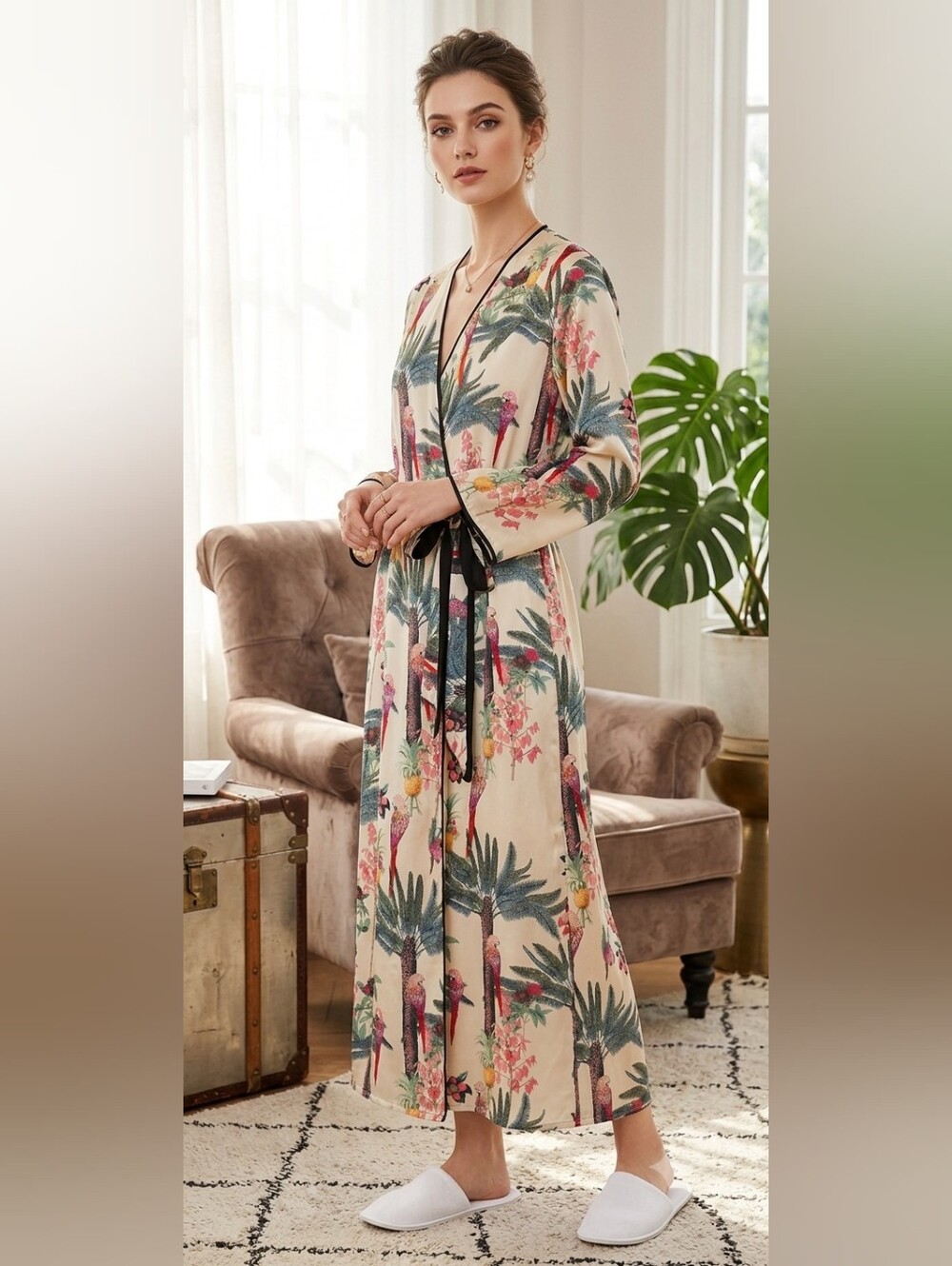 Cream Tropical-Print Long Robe with Black Trim and Waist Tie